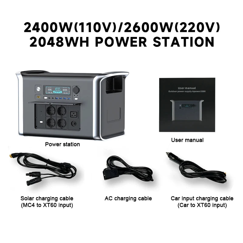 Portable Camping Power Station (Solar Generator (500W–2600W) with 110V/220V AC)