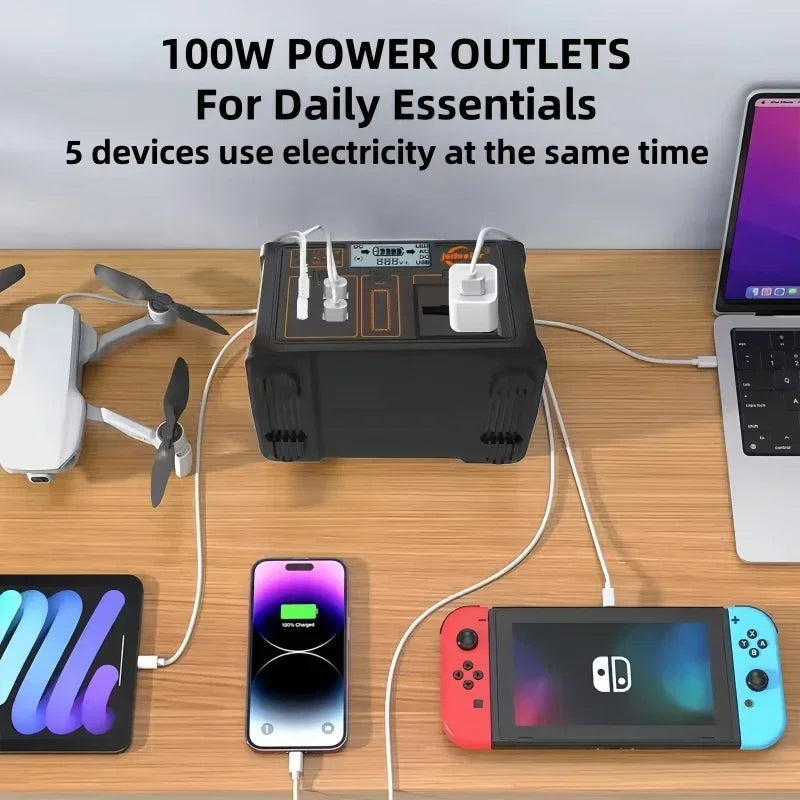 Solar-Powered 100W Portable Generator – 24000mAh Camping Power Station with LED & AC Outlets