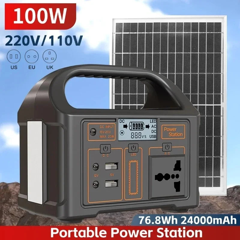Solar-Powered 100W Portable Generator – 24000mAh Camping Power Station with LED & AC Outlets