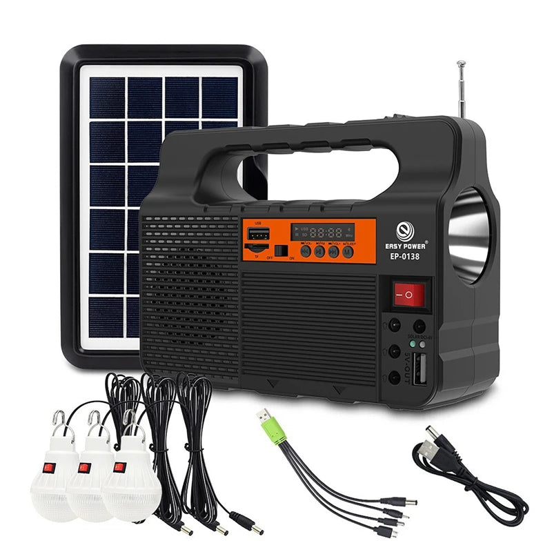 Portable Solar Power Panel & Generator Kit with 3 LED Bulbs, Bluetooth Speaker, & Radio