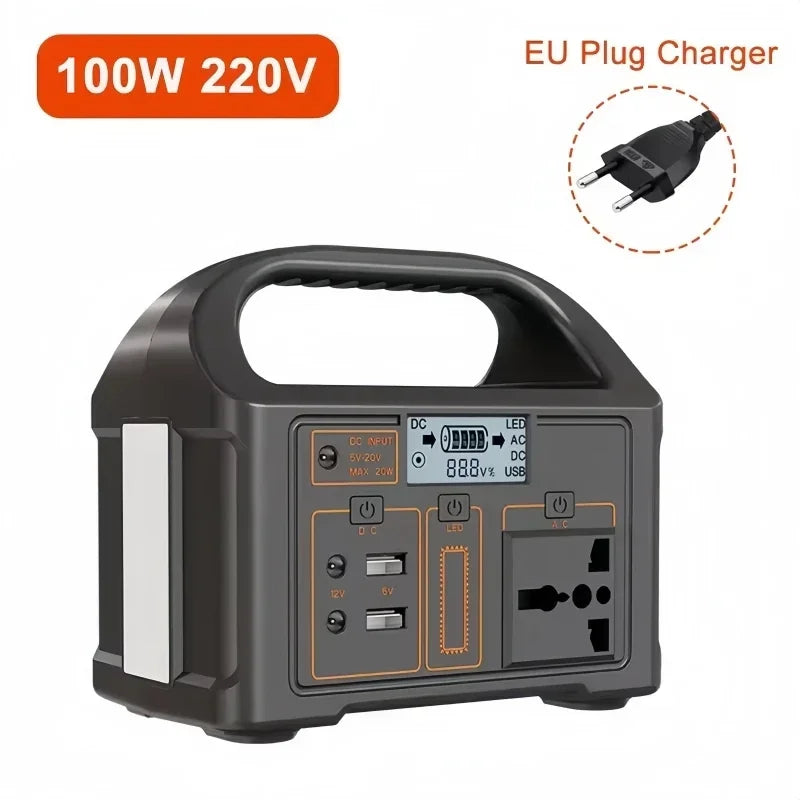 Solar-Powered 100W Portable Generator – 24000mAh Camping Power Station with LED & AC Outlets