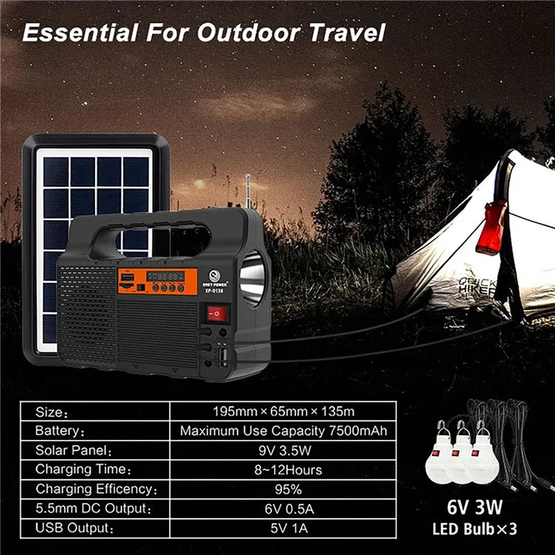 Portable Solar Power Panel & Generator Kit with 3 LED Bulbs, Bluetooth Speaker, & Radio