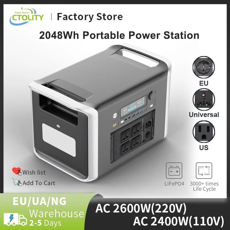 Portable Camping Power Station (Solar Generator (500W–2600W) with 110V/220V AC)
