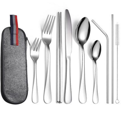 Camping Cutlery Set with Stainless Steel Spoons, Forks, Chopsticks, & Straw with Portable Case