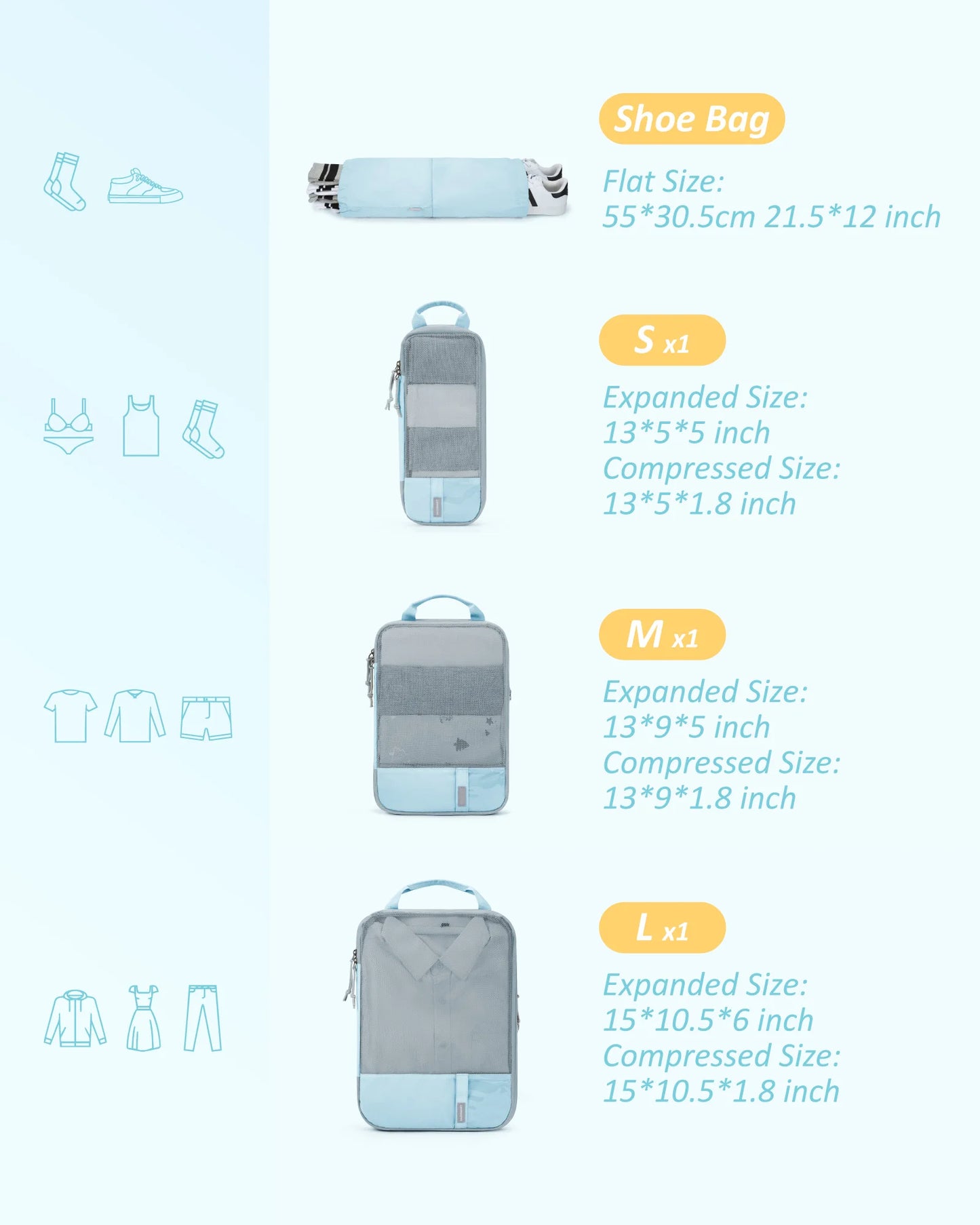 Durable & Lightweight Organizer Compression Packing Cubes Bags Set (2/4/6)