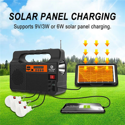 Portable Solar Power Panel & Generator Kit with 3 LED Bulbs, Bluetooth Speaker, & Radio