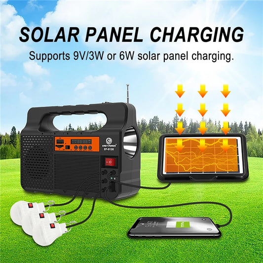 Portable Solar Power Panel & Generator Kit with 3 LED Bulbs, Bluetooth Speaker, & Radio