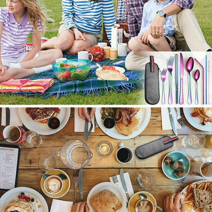 Camping Cutlery Set with Stainless Steel Spoons, Forks, Chopsticks, & Straw with Portable Case