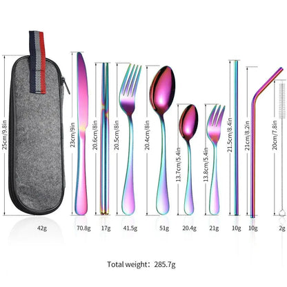 Camping Cutlery Set with Stainless Steel Spoons, Forks, Chopsticks, & Straw with Portable Case
