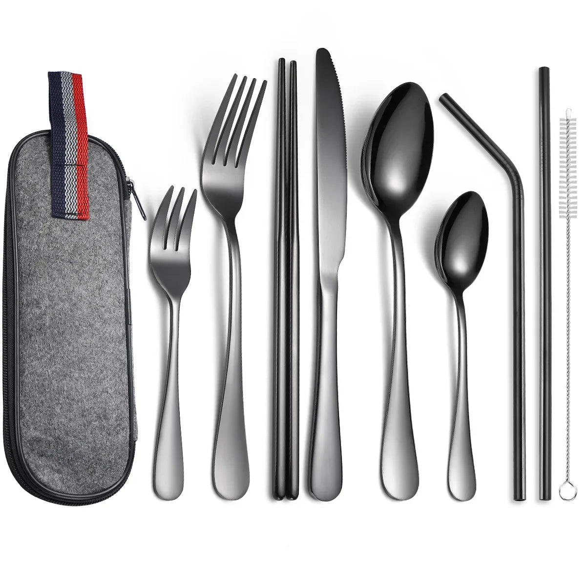 Camping Cutlery Set with Stainless Steel Spoons, Forks, Chopsticks, & Straw with Portable Case