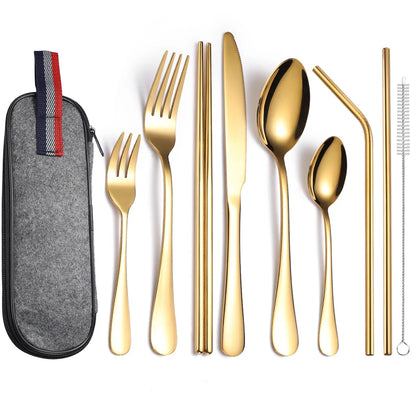 Camping Cutlery Set with Stainless Steel Spoons, Forks, Chopsticks, & Straw with Portable Case
