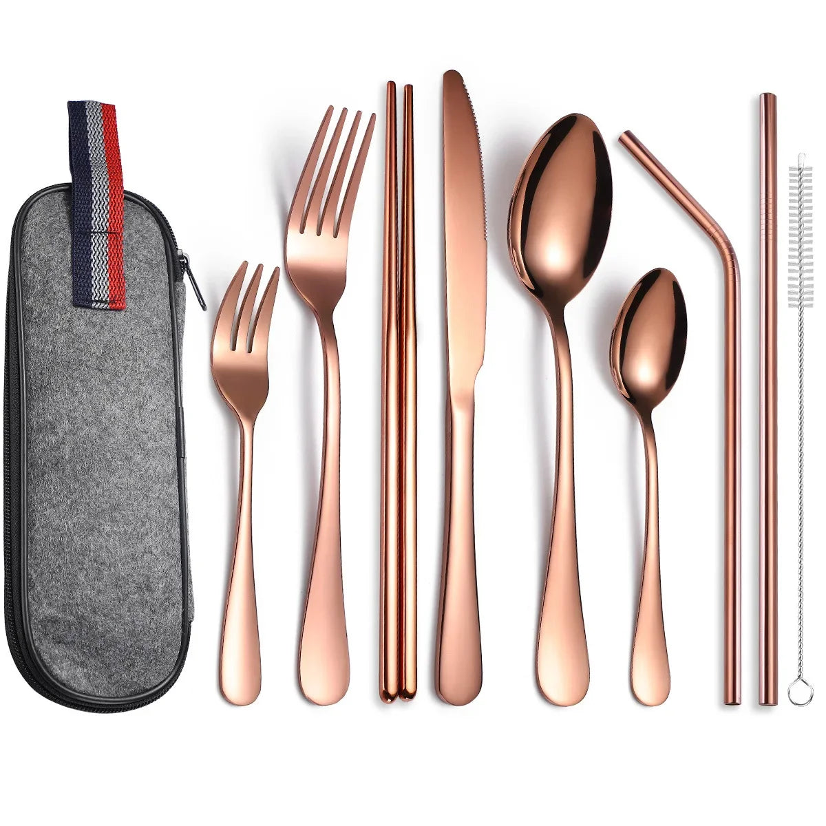 Camping Cutlery Set with Stainless Steel Spoons, Forks, Chopsticks, & Straw with Portable Case