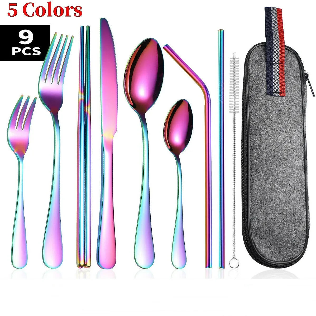 Camping Cutlery Set with Stainless Steel Spoons, Forks, Chopsticks, & Straw with Portable Case