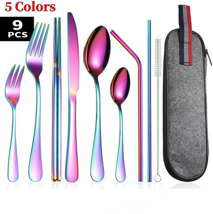 Camping Cutlery Set with Stainless Steel Spoons, Forks, Chopsticks, & Straw with Portable Case