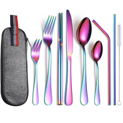 Camping Cutlery Set with Stainless Steel Spoons, Forks, Chopsticks, & Straw with Portable Case