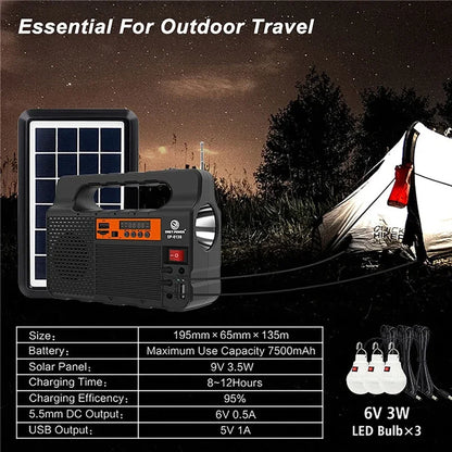 Portable Solar Power Panel & Generator Kit with 3 LED Bulbs, Bluetooth Speaker, & Radio