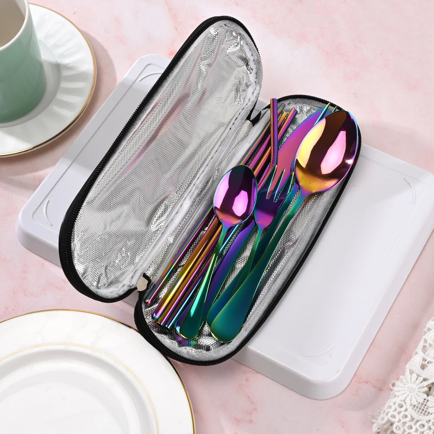 Camping Cutlery Set with Stainless Steel Spoons, Forks, Chopsticks, & Straw with Portable Case